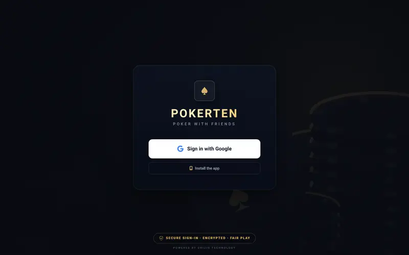 Pokerten landing page with a dark theme and a Sign in with Google call to action