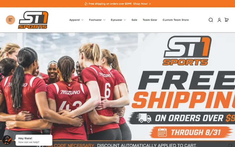 ST1 Sports store homepage featuring a volleyball team photo and a free shipping promotion banner